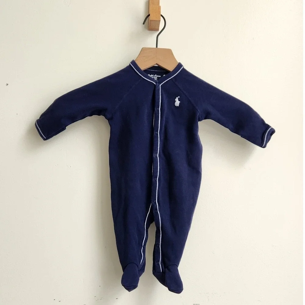 Ralph Lauren Baby Footie Jumpsuit 3Months Navy Pony Logo Snap Buttons One Piece